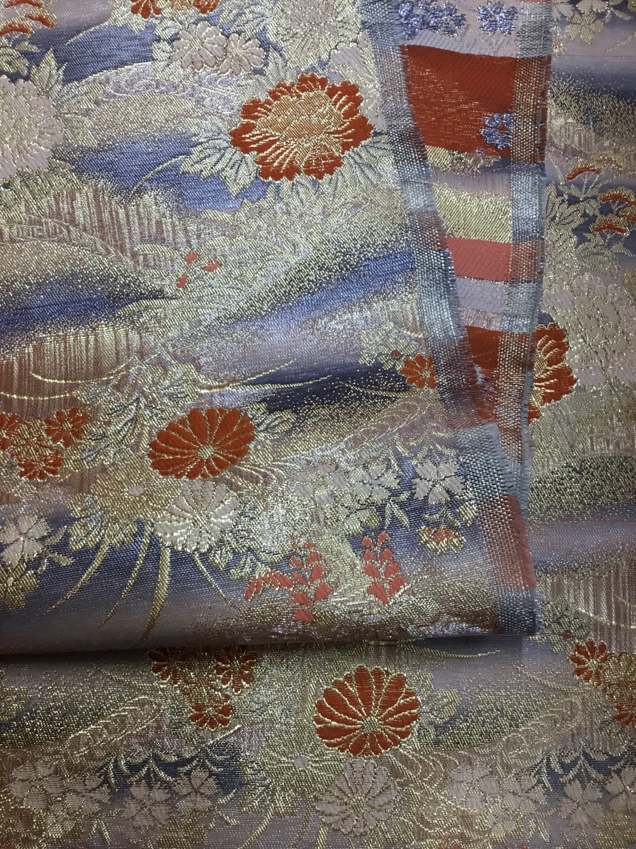 金襴生地／ピンクとシルバー／10cm単位〜／60cm〜